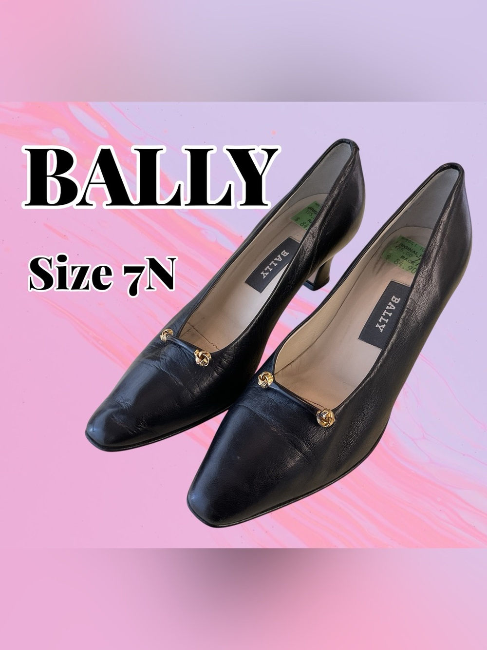 Bally Black Leather Mid-Heel Pumps with Gold Accent
